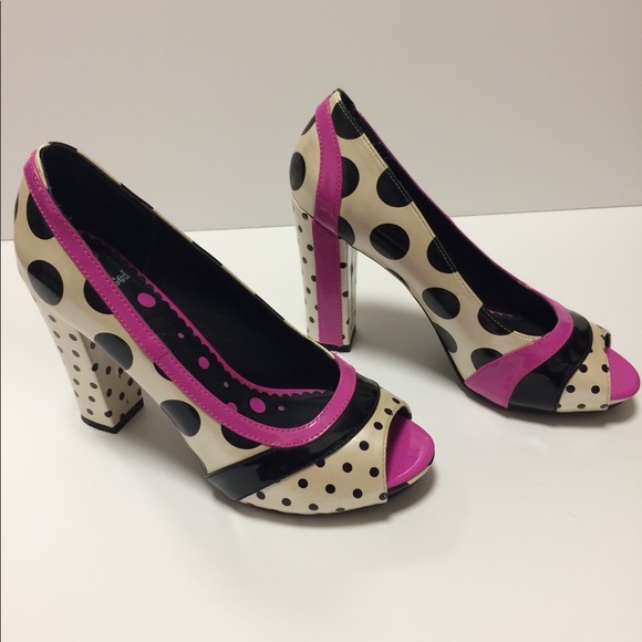 Not Rated Shoes - White with black polka dots with pink highlights.